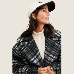 Free People Jacket Highlands Wool Pea Coat Plaid Black Size Large NWT